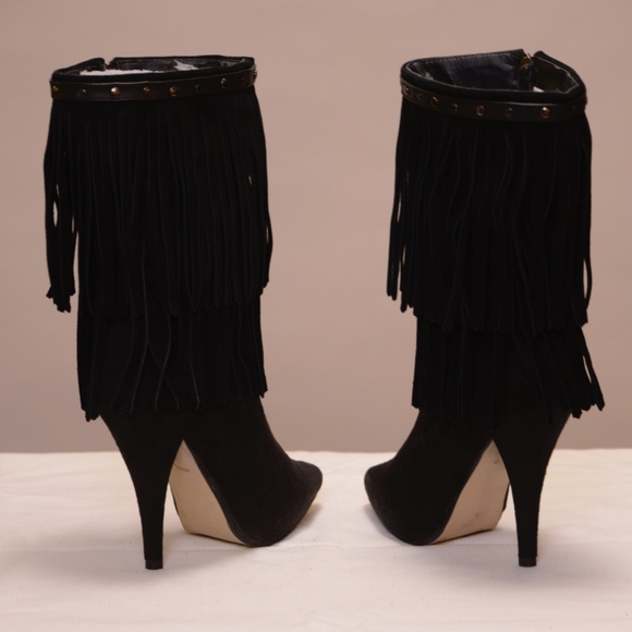 Black faux suede fringe booties. Worn once. - Picture 2 of 4